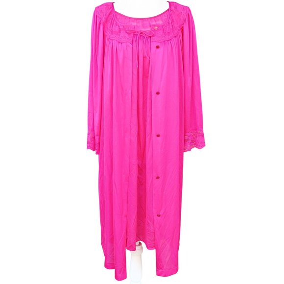 Vintage Gilead Cerise Pink Nylon Peignoir Set, Size M, Lace Robe & Nightgown - Picture 1 of 11